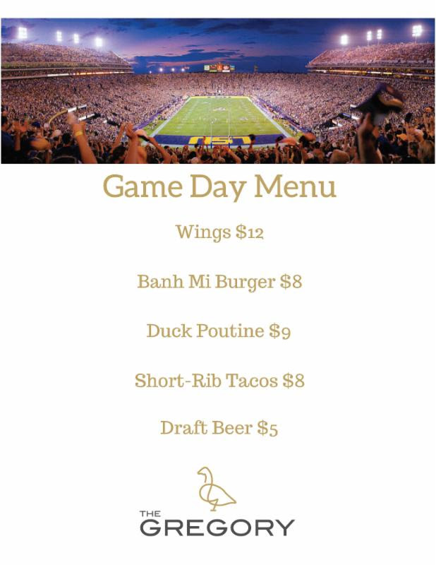 lsu game day menu at the gregory